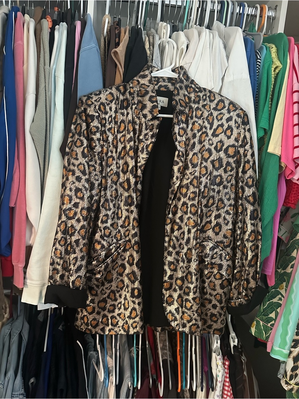 Zara Leopard Print Metallic Blazer in Black and Brown